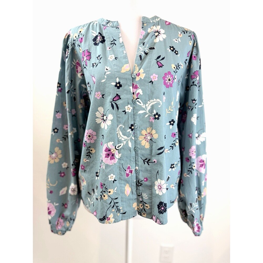 Ann Taylor Factory Floral Blouse Womens Small Blue 100% Cotton Long Sleeve